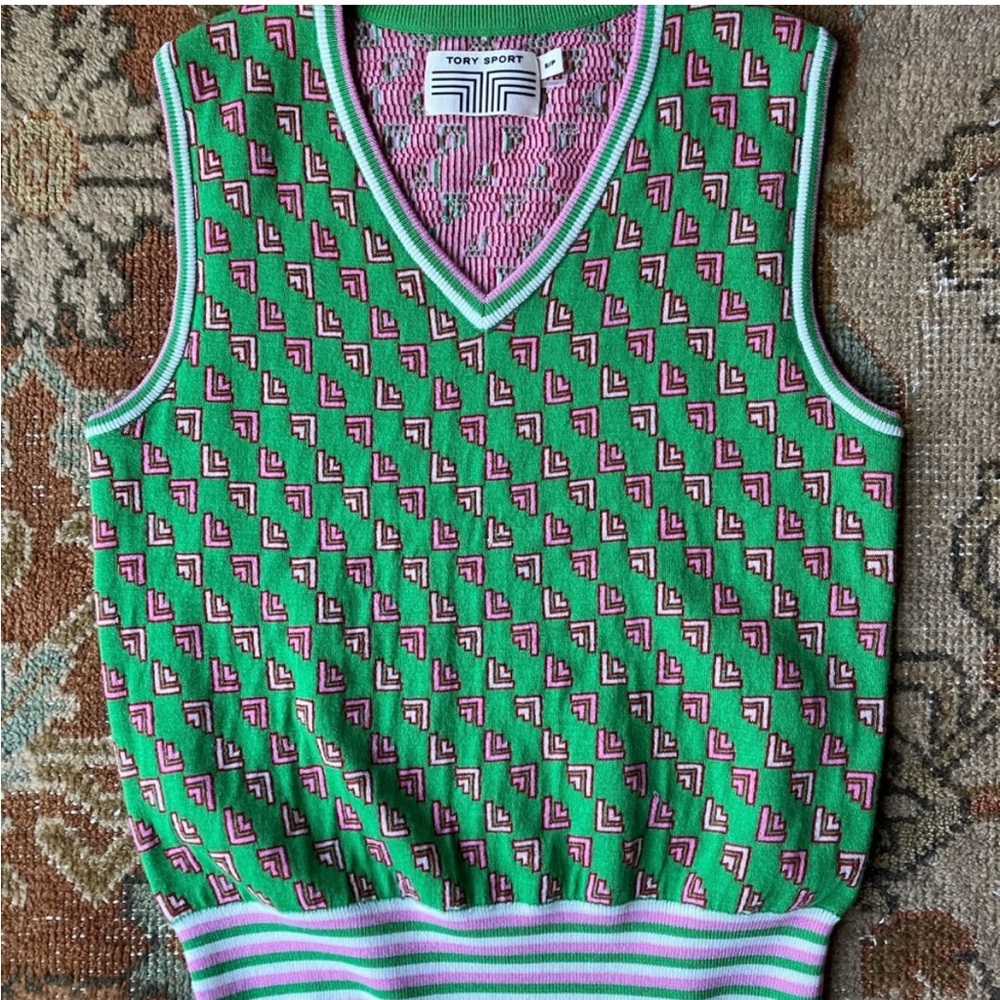 Tory Sport By Tory Burch Performance Merino Jacquard Vest In Pink/Green Size S/P